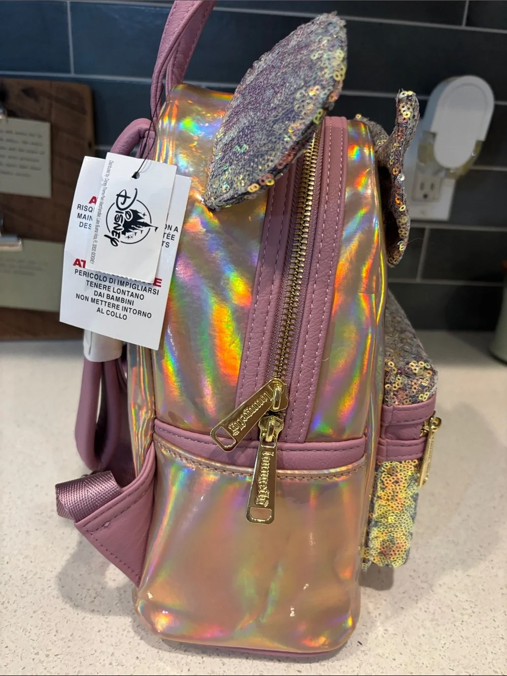 Loungefly Disney Parks Pink Iridescent Sequin Mini Backpack for NWT